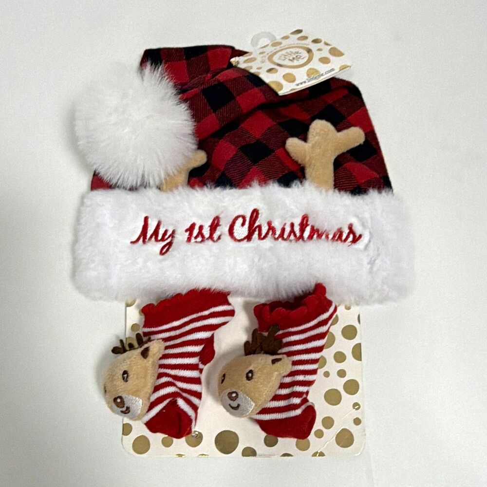 Little Me My First Christmas Plaid Faux Fur Hat & Booties Set Emb Pom 2pc